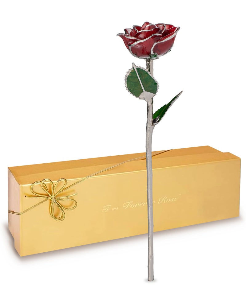 Forever Rose Real Red Rose with Platinum Trimmed Petals and Platinum Stem, Handcrafted Preserved Rose in Luxury Gold Gift Box, Romantic Gift for Her, Elegant Gift for Any Occasion - Image 1